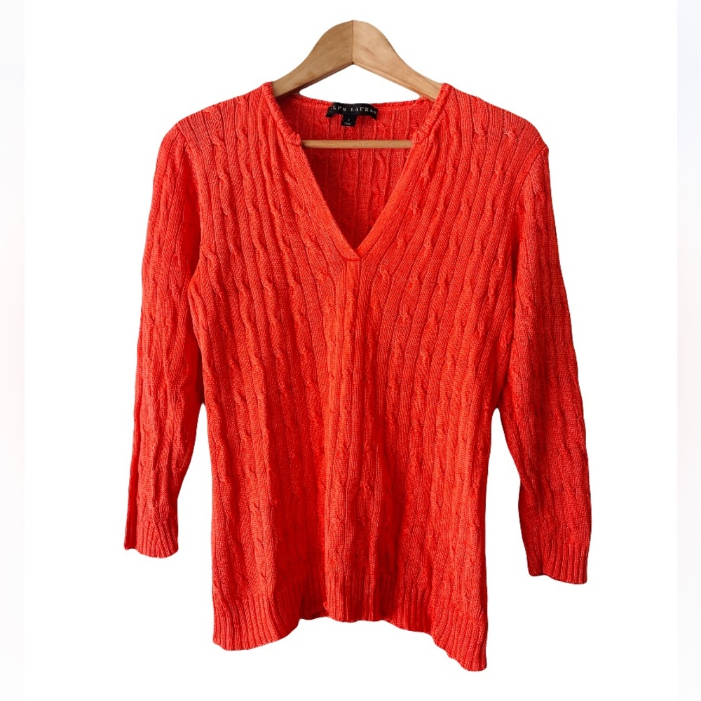 Ralph Lauren Black Label Silk Cable Knit V-Neck Sweater Women’s L Orange Luxury